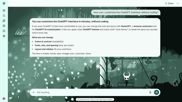 Hollow Knight Light ChatGPT Theme: The Knight rests inside a delicate pavilion in a green cavern filled with drifting white lights. Silhouetted plants and stone shapes extend to both edges. Source: rospo19 on Wallpapers.com. Original artist not identified by the page.