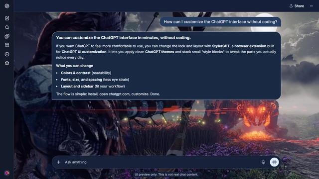 Horizon Dark ChatGPT Theme: Aloy aims her bow toward a blazing machine beneath a moonlit sky. Armor, purple flowers and a winding mountain path border the central action.