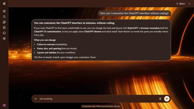 Interstellar Dark ChatGPT Theme: An orange accretion disk and its distorted reflection cut through deep space. Sweeping bands of light create a broad asymmetrical frame around the central darkness. Source: 4kwallpapers.com. Original artist not identified by the source page.