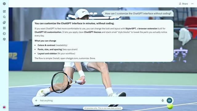 Jannik Sinner Light ChatGPT Theme: Sinner stretches for a low ball on a pale blue hard court in a white-and-mint kit. Court lines, equipment and the ball carry the action across the scene. Source: m.gettywallpapers.com. Original artist not identified by the source page.