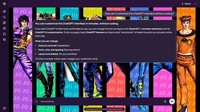JoJo's Bizarre Adventure Dark ChatGPT Theme: JoJo protagonists stand in a sequence of saturated vertical panels. The first and last figures remain visible beside the chat, backed by repeated JoJo lettering.