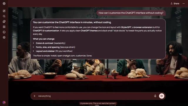 Kendrick Lamar Dark ChatGPT Theme: Kendrick Lamar sits at the center of a long red-covered table in a vaulted room. Guests, bread and dark columns extend beyond the central throne into both margins.