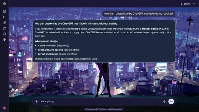 KPop Demon Hunters Dark ChatGPT Theme: A lone figure stands on a rooftop above a sprawling blue-violet city filled with illuminated towers and signs.