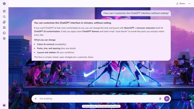 KPop Demon Hunters Light ChatGPT Theme: Huntrix performs with glowing weapons on a rooftop stage beneath large portraits and a pink-purple sky.