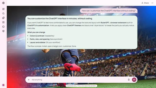 Kylian Mbappé Light ChatGPT Theme: A game-rendered Kylian Mbappé kicks across a bright stadium as players, crowd tiers and a motion-blurred ball extend to both sides.