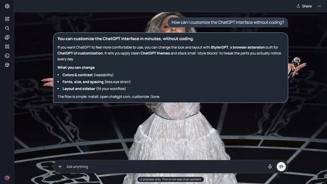 Lady Gaga Dark ChatGPT Theme: Lady Gaga opens her arms on a dark stage patterned with line-drawn statuettes. Her hands and the repeating stage motifs extend into both side strips.