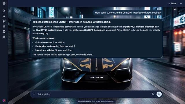 Lamborghini Revuelto Dark ChatGPT Theme: A dark Revuelto approaches along a wet street lined with illuminated buildings and signs.