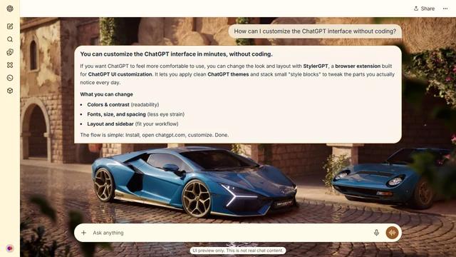 Lamborghini Revuelto Light ChatGPT Theme: A blue supercar rests in a stone courtyard with arches, ivy and cobbled paving.
