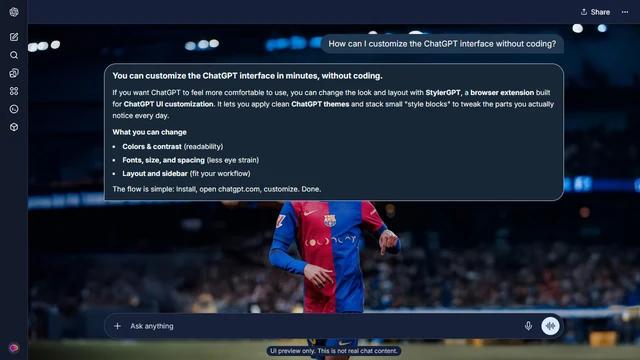 Lamine Yamal Dark ChatGPT Theme: Lamine Yamal stands in a Barcelona shirt on a football pitch beneath blue-lit stadium tiers.