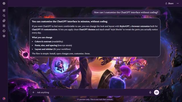 League of Legends Dark ChatGPT Theme: League of Legends Dark Star characters appear among glowing purple orbs and dark cosmic clouds.