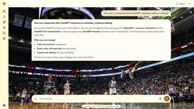 LeBron James Light ChatGPT Theme: LeBron rises toward the basket in a Lakers uniform inside a packed arena. The hardwood, crowd and roof structure fill a wide view of the dunk. Source: tatart1323 on Wallpapers.com. Original artist not identified by the page.