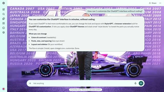 Lewis Hamilton Light ChatGPT Theme: Lewis Hamilton walks before a full-width Mercedes and giant 100 numerals on a bright lavender record-of-wins collage.