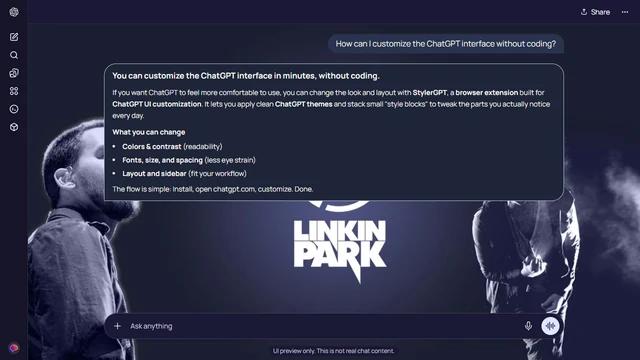 Linkin Park Dark ChatGPT Theme: Historic performance portraits of Mike Shinoda and Chester Bennington flank the Linkin Park mark. Blue-gray haze connects the separated figures across a dark background. Source: sesh_re_rod003 on Wallpapers.com. Original artist not identified by the page.