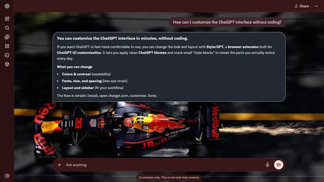 Max Verstappen Dark ChatGPT Theme: Max Verstappen’s number-33 Red Bull Formula One car cuts across a dark Monaco track in an overhead view with sparks trailing right.