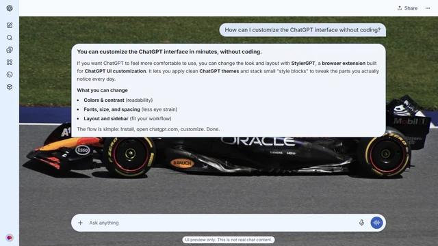 Max Verstappen Light ChatGPT Theme: Max Verstappen’s number-one Red Bull Formula One car stretches across the frame in side profile at the Austrian Grand Prix.
