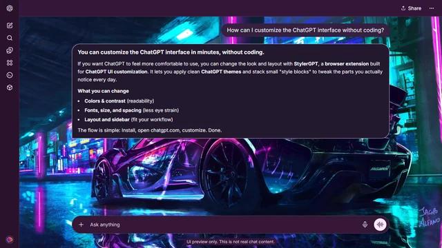 McLaren P1 Dark ChatGPT Theme: A purple supercar and its reflections sit among cyan and magenta signs on a night street.