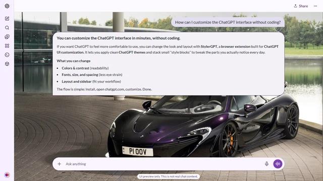 McLaren P1 Light ChatGPT Theme: A dark purple McLaren P1 sits on circular paving beside glass architecture and a bright lake.