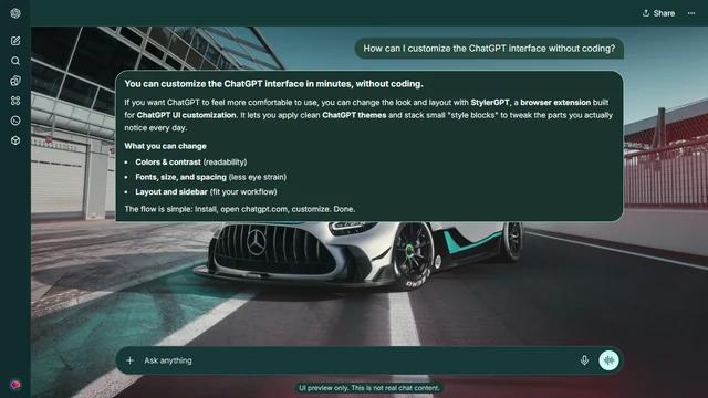 Mercedes-AMG GT Dark ChatGPT Theme: An AMG GT race car rests beside long glass pit buildings and red fencing. Garage doors and converging track markings carry the scene around the conversation.