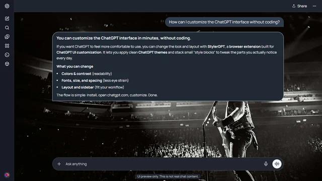 Metallica Dark ChatGPT Theme: James Hetfield performs in a monochrome arena photograph. The audience and layered seating remain visible at the edges beneath a diagonal white spotlight.