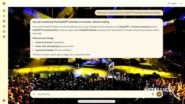 Metallica Light ChatGPT Theme: A Metallica arena concert spreads beneath large suspended screens and yellow spotlights. Fans fill the lower frame while rigging and stage displays extend into both sides.