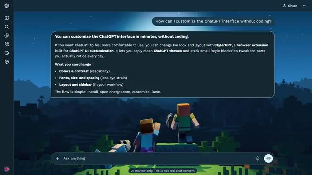 Minecraft Dark ChatGPT Theme: Minecraft characters and a wolf stand on a grassy rise above a dark forest beneath a bright moon.