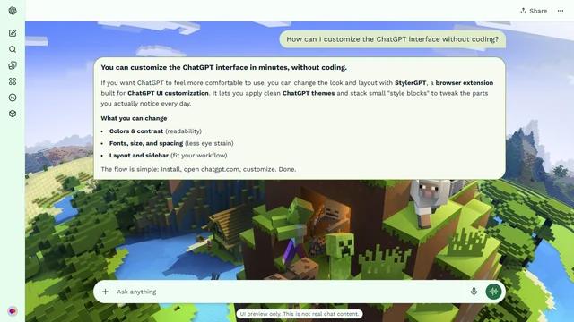 Minecraft Light ChatGPT Theme: Minecraft characters and animals gather on a grassy block hill above water under a pale blue sky.