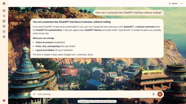 Naruto Light ChatGPT Theme: Warm daylight falls across Konoha rooftops, green pagodas and the carved Hokage cliff.