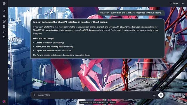 Neon Genesis Evangelion Dark ChatGPT Theme: Asuka stands on an industrial platform beside an enormous red Evangelion head. Pale city towers and dark steel braces balance the two sides of the frame. Source: 4kwallpapers.com. Original artist not identified by the source page.