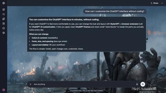 NieR Dark ChatGPT Theme: 2B sits above discarded machines in a rainy industrial landscape. Distant fires and wreckage on the left balance mechanical limbs and cold rain at the right.