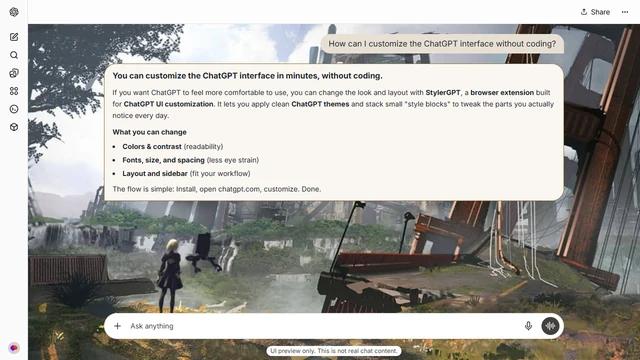 NieR Light ChatGPT Theme: Small android figures approach a ruined city beneath a broken suspension bridge. Trees and damaged buildings frame the left, while the bridge tower dominates the right crop.
