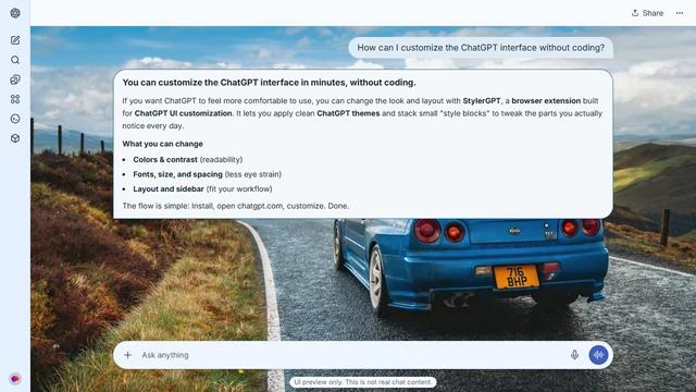 Nissan Skyline GT-R R34 Light ChatGPT Theme: A blue R34 stands on a winding road among rolling hills beneath a partly cloudy sky.