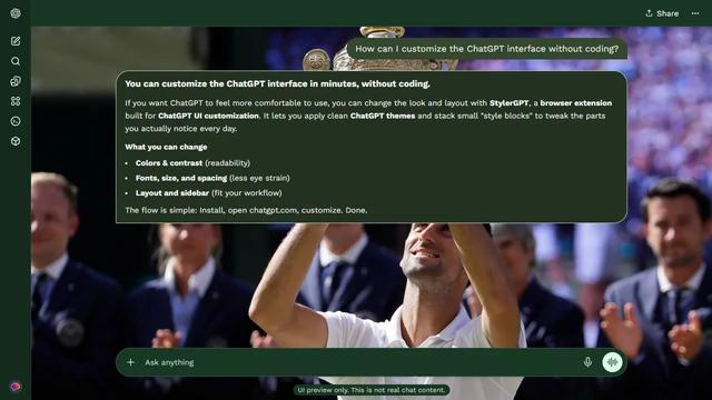 Novak Djokovic Dark ChatGPT Theme: Djokovic raises the Wimbledon trophy before applauding officials and spectators. Figures at both edges retain the ceremony around the central silver-gilt cup.