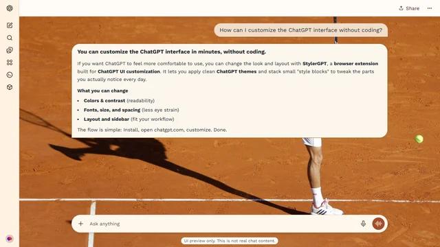 Novak Djokovic Light ChatGPT Theme: Novak Djokovic follows through on a clay court under strong sunshine. His long shadow reaches left, while a tennis ball and marked court surface remain on the right.