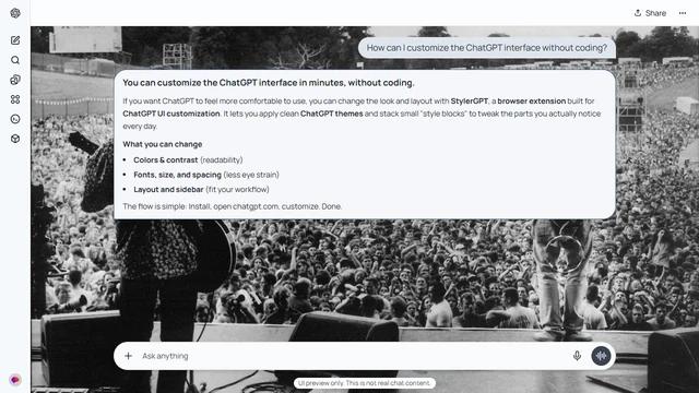 Oasis Light ChatGPT Theme: A monochrome Oasis concert photograph looks from the stage toward a vast audience. A guitarist, monitors, speaker towers and thousands of fans stretch across the scene.