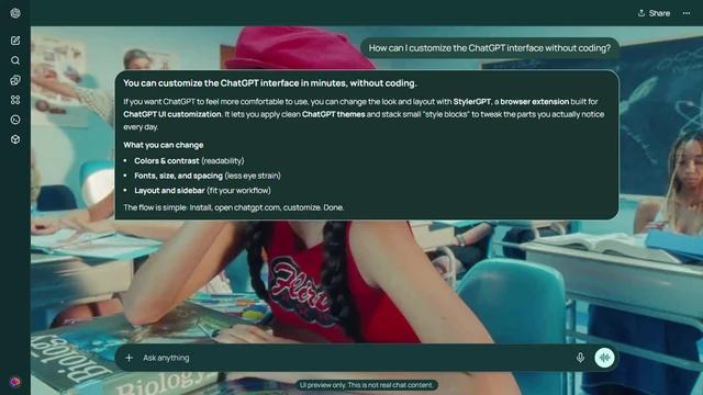 Olivia Rodrigo Dark ChatGPT Theme: Olivia Rodrigo sits at a school desk in a red beret amid a staged classroom. Other students, books and chalkboard drawings remain at the edges.