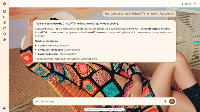 Olivia Rodrigo Light ChatGPT Theme: Olivia Rodrigo reclines in a colorful crochet outfit beside a striped chair and box fan. The patterned clothing and room props frame the warm portrait.