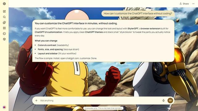 One Punch Man Light ChatGPT Theme: Saitama and Genos face forward beneath a blue sky with drifting stones. A red glove on the left and gold mechanical armor on the right frame the rocky setting.
