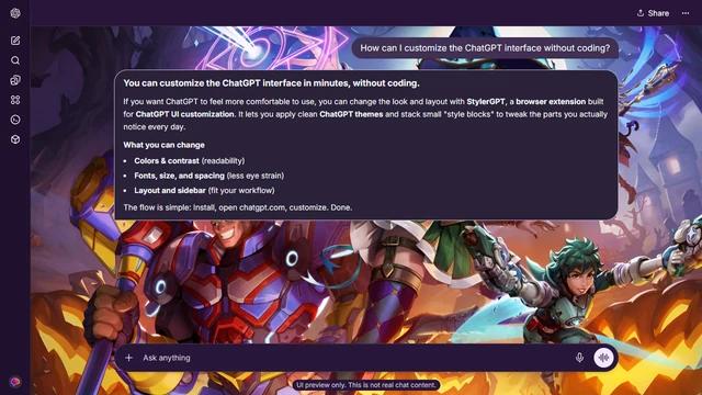 Overwatch Dark ChatGPT Theme: Costumed heroes gather among glowing pumpkins beneath a purple sky. A hammer and armored figure fill the left, with pumpkins and haunted architecture at the right.