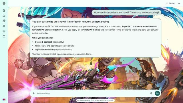 Overwatch Light ChatGPT Theme: Overwatch heroes charge through broad turquoise, pink and yellow brushstrokes. Armor and energy effects continue into the margins, preserving the action around the chat.