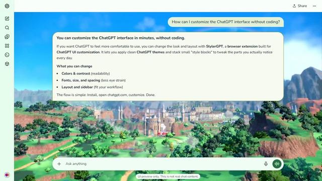 Pokémon Light ChatGPT Theme: Green fields, reddish cliffs and a distant castle city spread beneath a bright blue sky and rainbow.