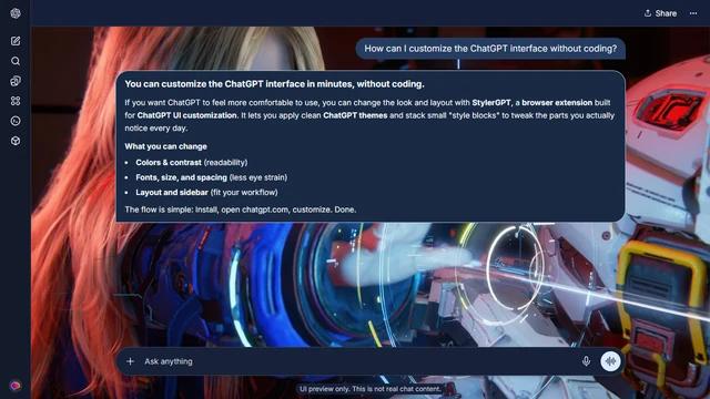 Pragmata Dark ChatGPT Theme: Blue holographic rings surround Diana against red illumination and heavy white armor. Flowing hair and suit details on the left balance the armored figure at the right.