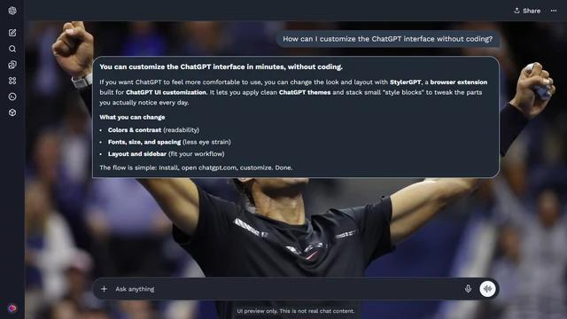 Rafael Nadal Dark ChatGPT Theme: Nadal celebrates in a black shirt with both arms raised. His fists and blurred spectators frame the conversation against the dim arena background.