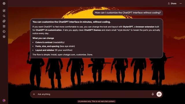 Red Dead Redemption Dark ChatGPT Theme: Seven armed silhouettes walk beneath an oversized yellow sun over a red mountain range. The outlying riders and ridge line hold the horizon open. Source: 4kwallpapers.com. Original artist not identified by the source page.