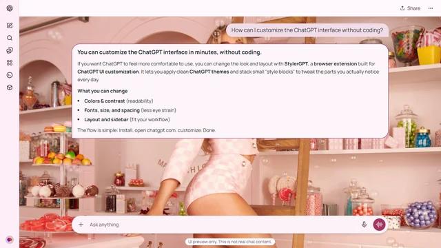 Sabrina Carpenter Light ChatGPT Theme: Sabrina Carpenter poses among pink shelves filled with sweets and perfume displays. Candy jars and arched cabinetry remain visible on both sides of the chat.