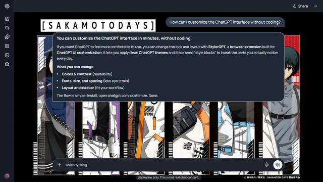 Sakamoto Days Dark ChatGPT Theme: Six Sakamoto Days characters occupy tall, differently colored strips against black. The outer characters remain visible while the central lineup sits behind the chat.