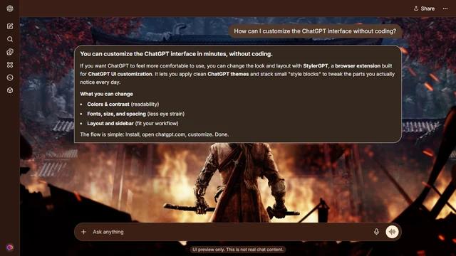 Sekiro Dark ChatGPT Theme: Wolf stands in a night scene filled with temple fire and airborne debris. Red foliage, timber and flame create detail outside the central silhouette.