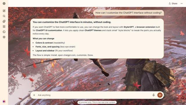 Sekiro Light ChatGPT Theme: A bridge duel unfolds beneath a red maple canopy. Branches on the left and the bridge rail and trees on the right maintain the autumn setting.