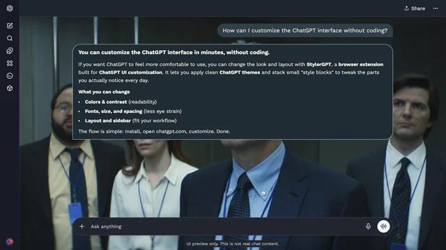 Severance Dark ChatGPT Theme: Four colleagues wait inside a steel elevator, with Dylan and Mark holding the outer edges of the frame. Cold metal and muted suits establish the uneasy mood. Source: WallpaperCat (uploader ernser.ariane). Original artist not identified.
