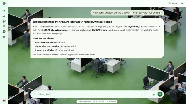 Severance Light ChatGPT Theme: Identical desks and green carpet turn the Lumon office into a repeating geometric pattern. Cubicles at both edges preserve the office setting around a busy conversation. Source: WallpaperCat (uploader nellie33). Original artist not identified.