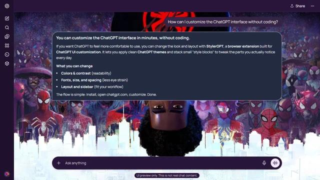 Spider-Man Dark ChatGPT Theme: An upside-down Miles Morales hangs over a dense crowd of Spider-people against a purple field and white skyline.